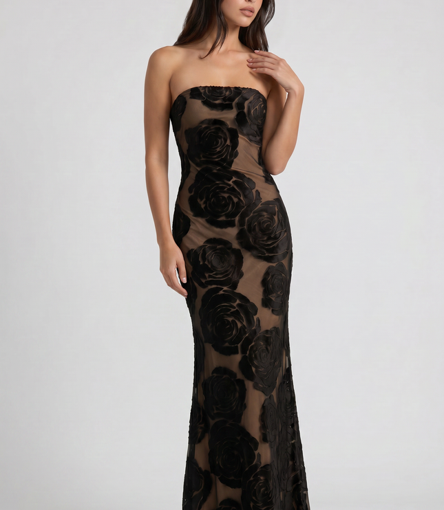 Women's Black Satin Ruched Cocktail Maxi Dress