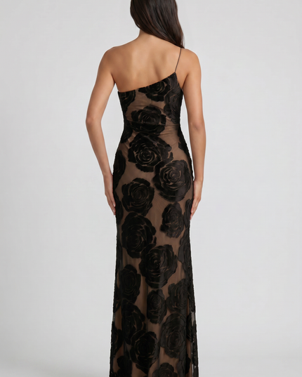 Women's Black Satin Ruched Cocktail Maxi Dress