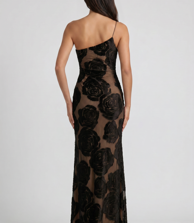 Women's Black Satin Ruched Cocktail Maxi Dress
