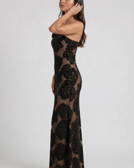 Women's Black Satin Ruched Cocktail Maxi Dress