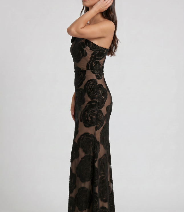 Women's Black Satin Ruched Cocktail Maxi Dress
