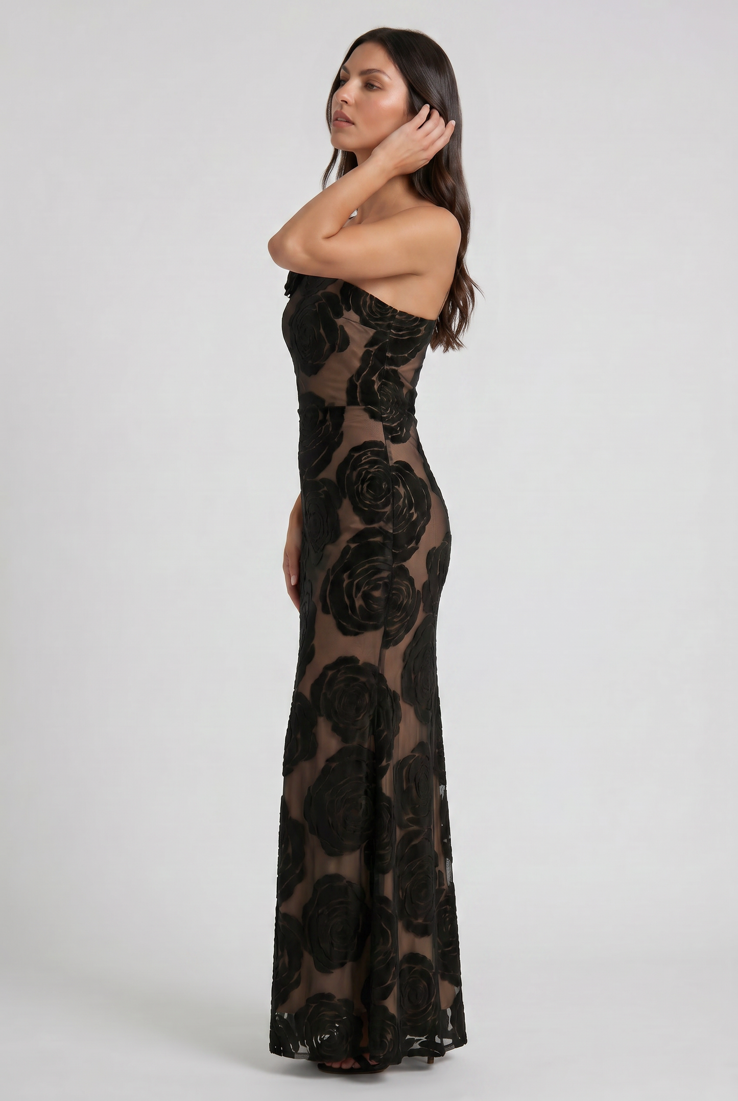 Women's Black Satin Ruched Cocktail Maxi Dress