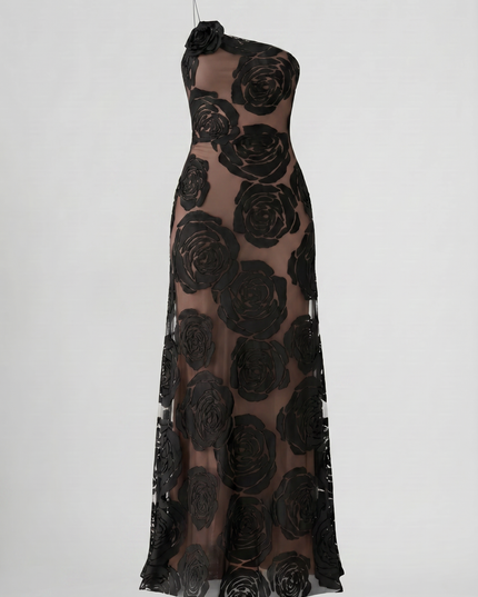 Women's Black Satin Ruched Cocktail Maxi Dress