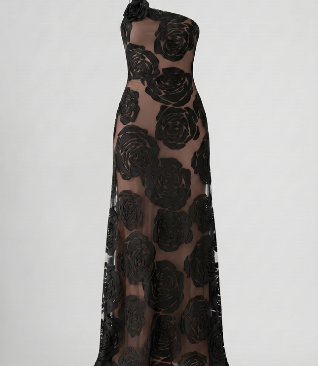 Women's Black Satin Ruched Cocktail Maxi Dress
