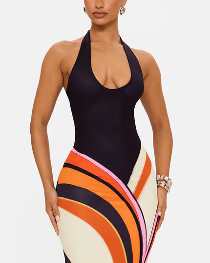 Women's Black Satin Sleeveless Cocktail Maxi Dress
