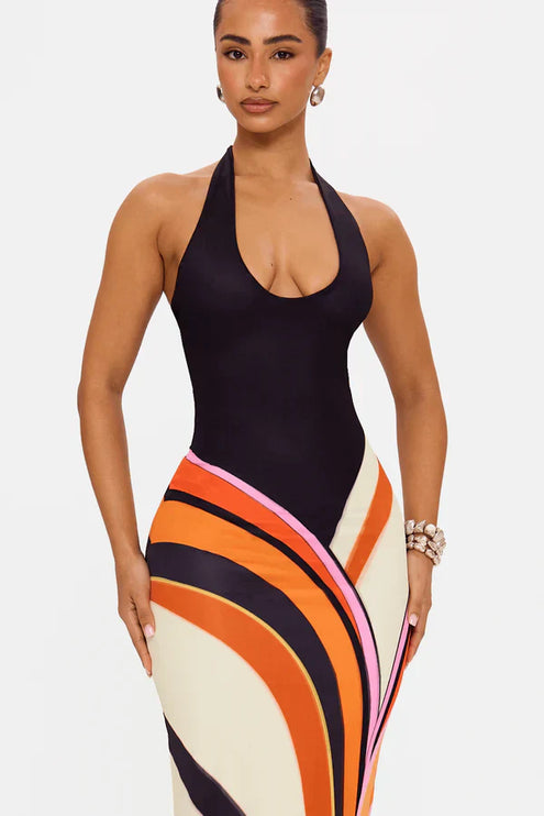 Women's Black Satin Sleeveless Cocktail Maxi Dress
