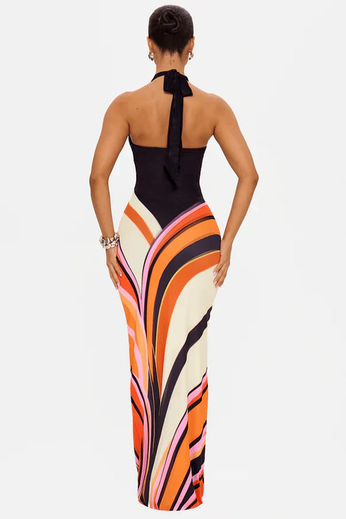 Women's Black Satin Sleeveless Cocktail Maxi Dress