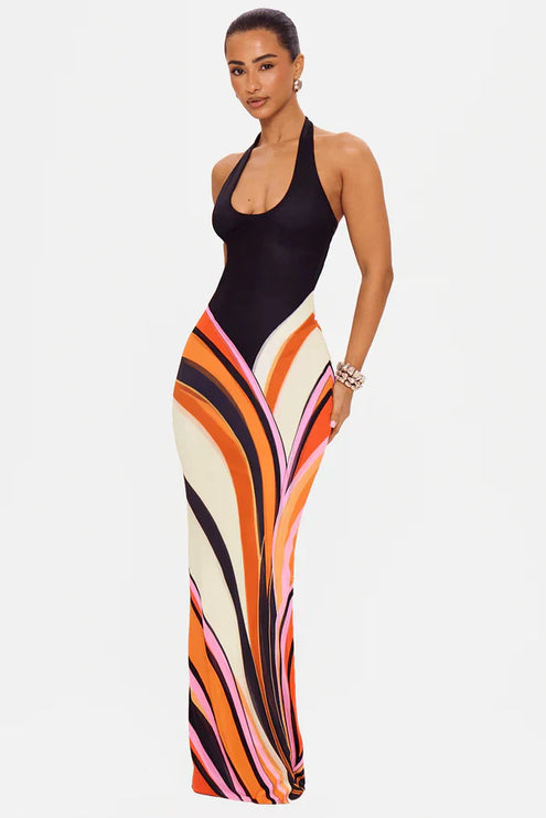 Women's Black Satin Sleeveless Cocktail Maxi Dress