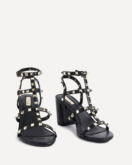 Women's Black Strappy Sandals with Gold Stud Trim