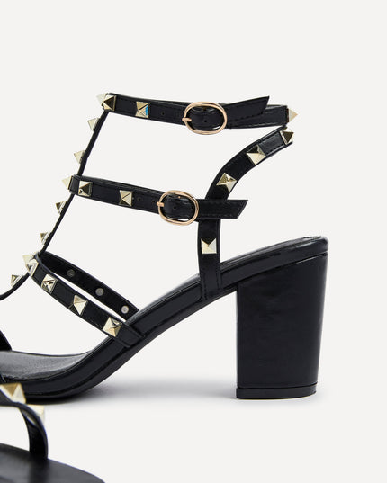 Women's Black Strappy Sandals with Gold Stud Trim
