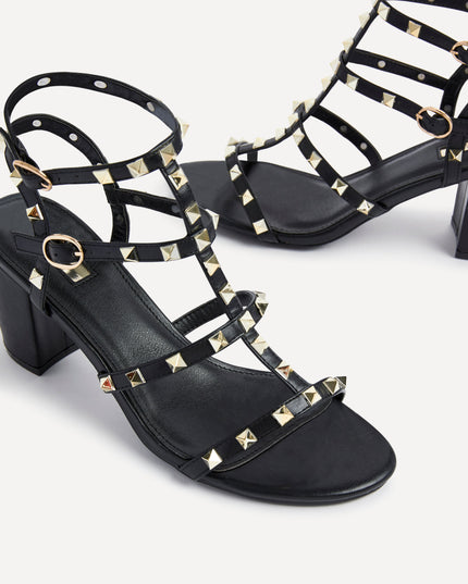 Women's Black Strappy Sandals with Gold Stud Trim