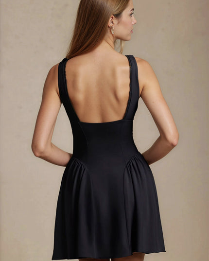 Women's Black V-Neck Summer Mini Day Dress with Pockets
