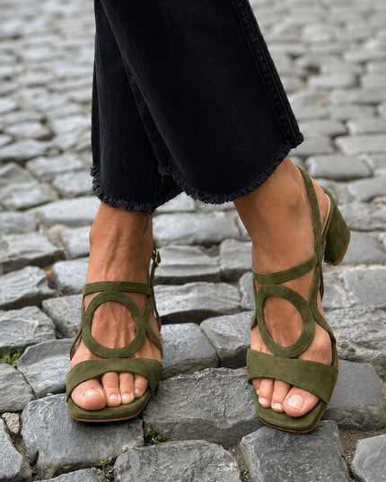 Women's Block Heel Sandals with Circle Cut-Out Straps