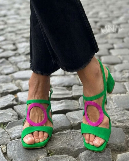 Women's Block Heel Sandals with Circle Cut-Out Straps