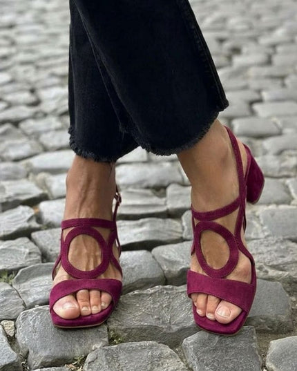 Women's Block Heel Sandals with Circle Cut-Out Straps
