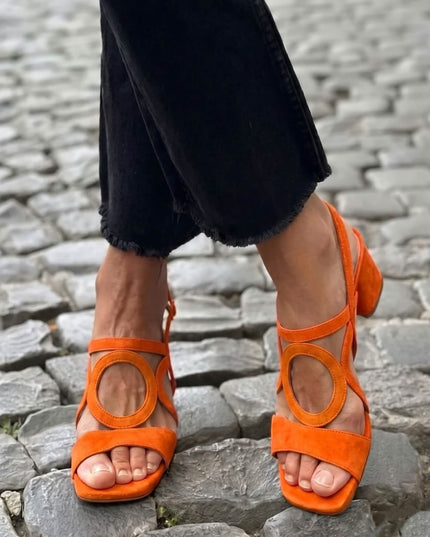 Women's Block Heel Sandals with Circle Cut-Out Straps