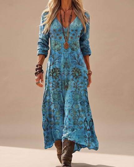 Women's Blue Floral Long Sleeve Boho Maxi Dress