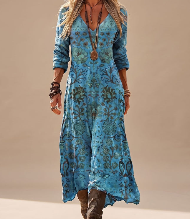 Women's Blue Floral Long Sleeve Boho Maxi Dress