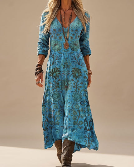 Women's Blue Floral Long Sleeve Boho Maxi Dress