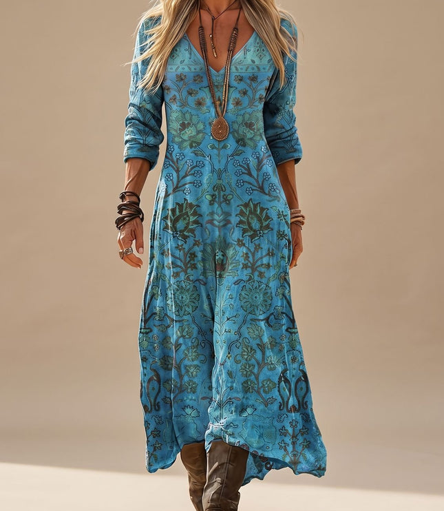 Women's Blue Floral Long Sleeve Boho Maxi Dress