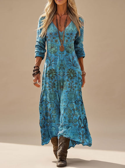 Women's Blue Floral Long Sleeve Boho Maxi Dress