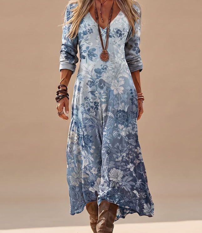 Women's Blue Floral V Neck Long Sleeve Maxi Dress