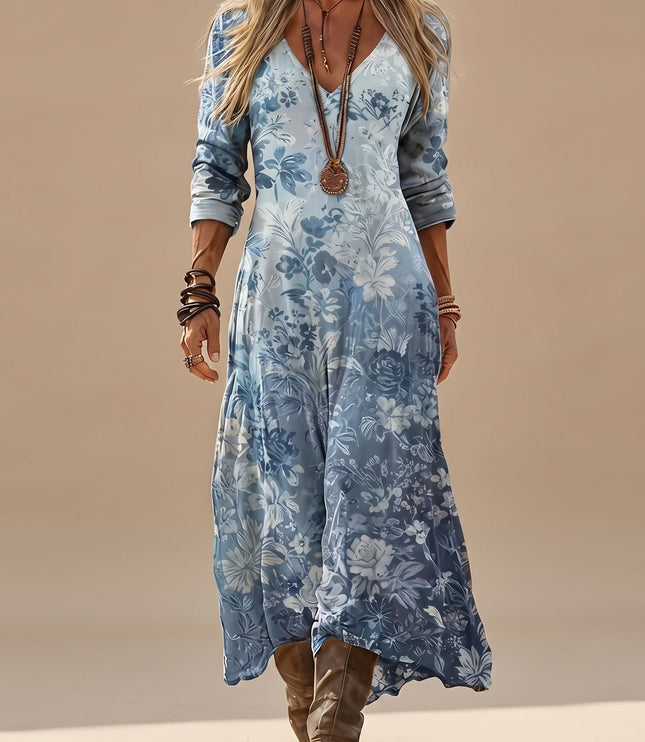 Women's Blue Floral V Neck Long Sleeve Maxi Dress