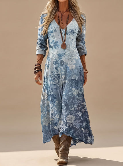 Women's Blue Floral V Neck Long Sleeve Maxi Dress