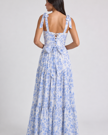Women's Blue Floral V-Neck Wedding Guest Maxi Dress