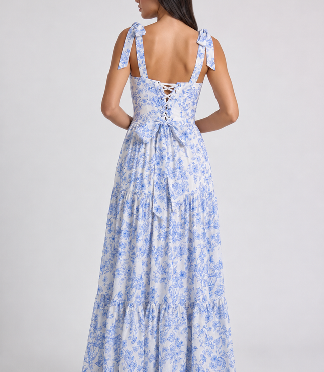 Women's Blue Floral V-Neck Wedding Guest Maxi Dress