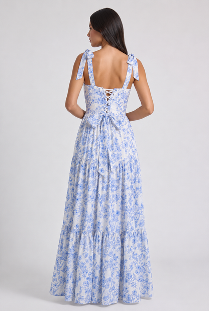 Women's Blue Floral V-Neck Wedding Guest Maxi Dress
