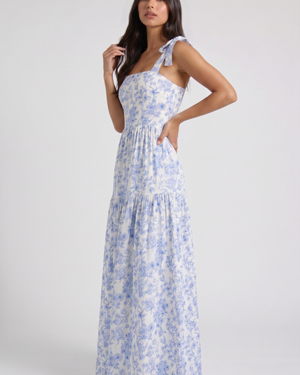 Women's Blue Floral V-Neck Wedding Guest Maxi Dress