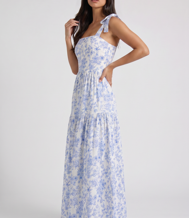 Women's Blue Floral V-Neck Wedding Guest Maxi Dress
