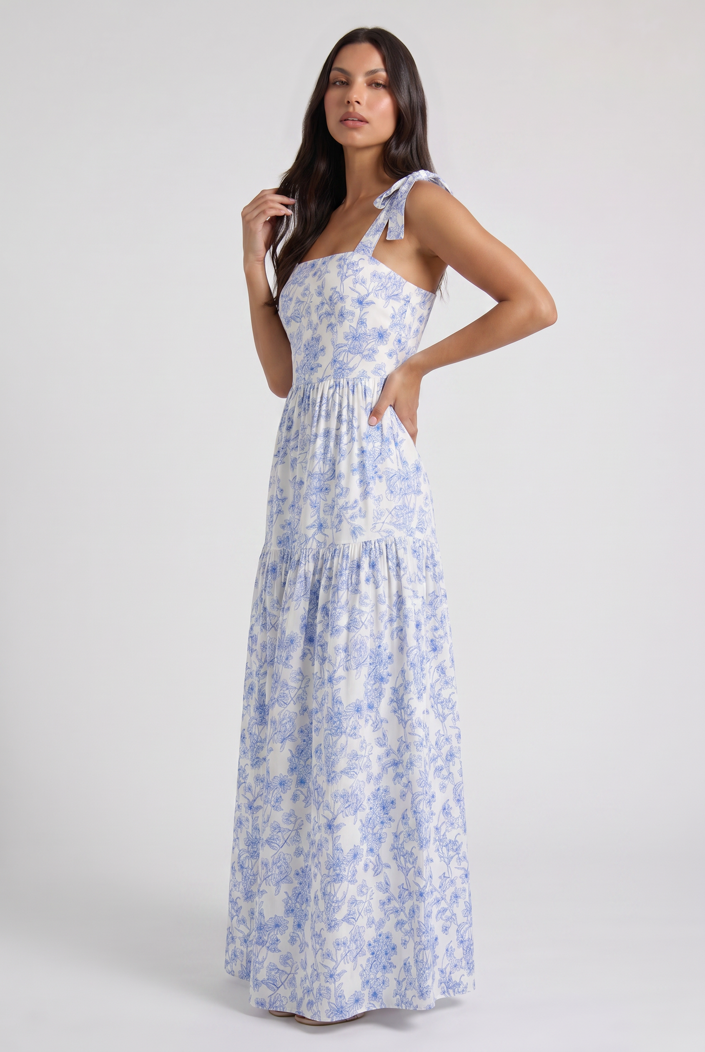 Women's Blue Floral V-Neck Wedding Guest Maxi Dress