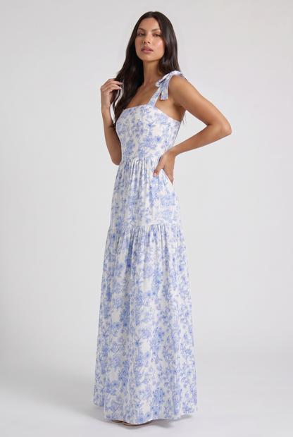 Women's Blue Floral V-Neck Wedding Guest Maxi Dress