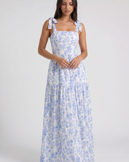 Women's Blue Floral V-Neck Wedding Guest Maxi Dress