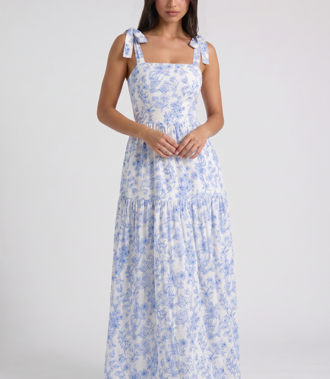 Women's Blue Floral V-Neck Wedding Guest Maxi Dress