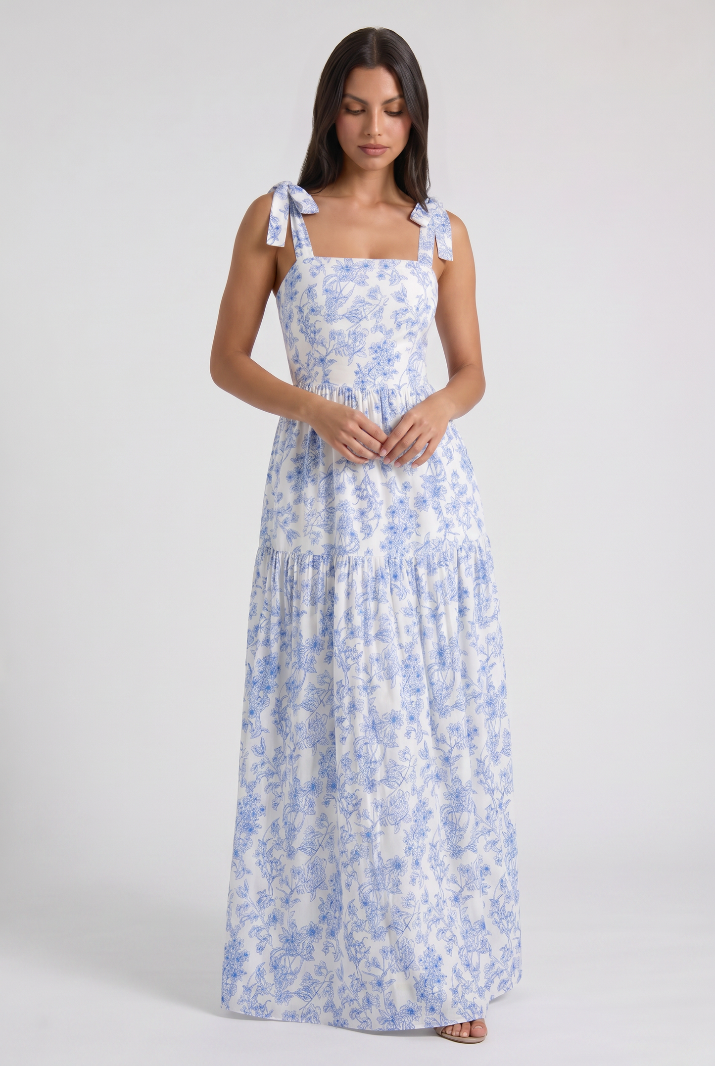 Women's Blue Floral V-Neck Wedding Guest Maxi Dress