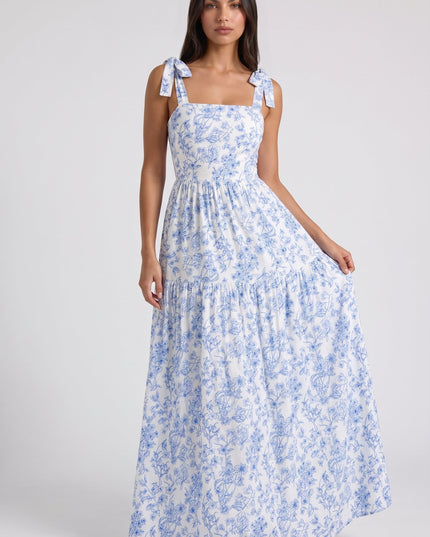 Women's Blue Floral V-Neck Wedding Guest Maxi Dress