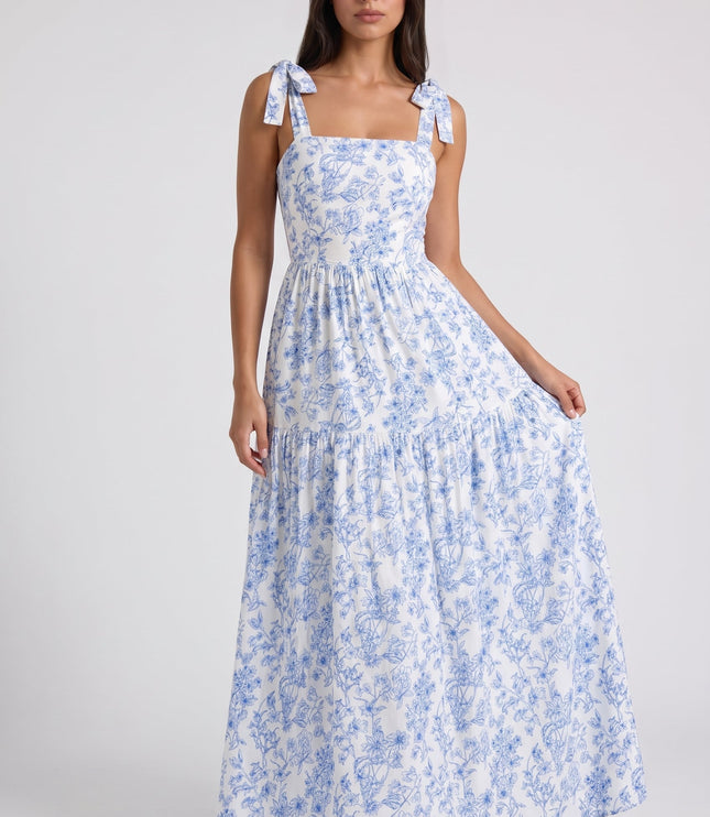 Women's Blue Floral V-Neck Wedding Guest Maxi Dress