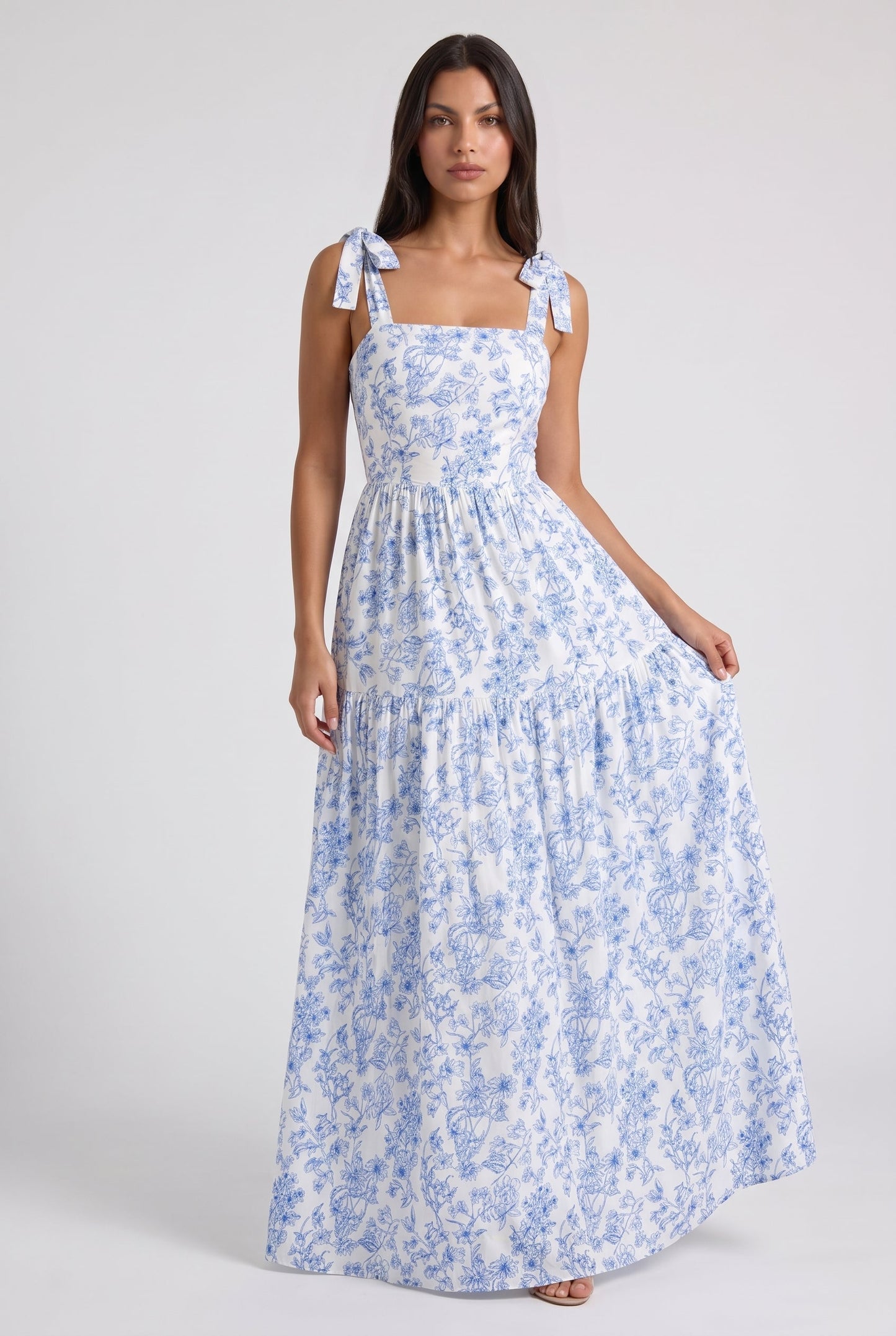 Women's Blue Floral V-Neck Wedding Guest Maxi Dress