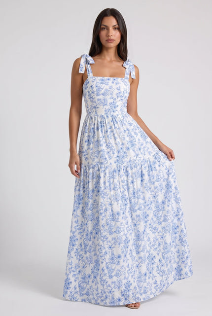 Women's Blue Floral V-Neck Wedding Guest Maxi Dress