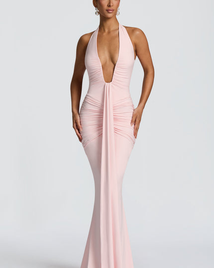 Women's Blush Ruched Plunge Neck Sleeveless Maxi Dress