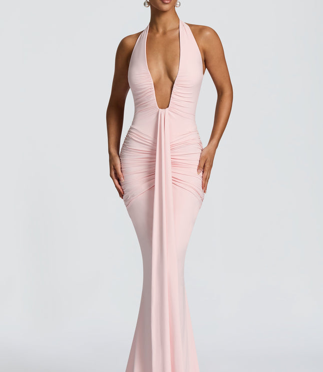 Women's Blush Ruched Plunge Neck Sleeveless Maxi Dress