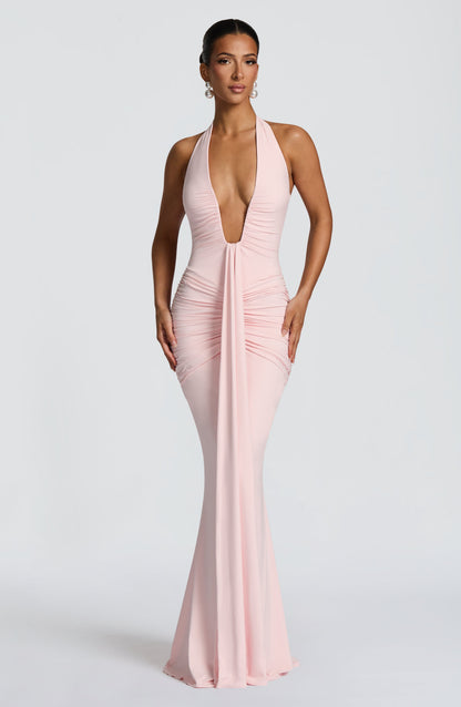 Women's Blush Ruched Plunge Neck Sleeveless Maxi Dress