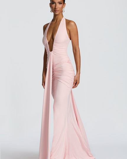 Women's Blush Ruched Plunge Neck Sleeveless Maxi Dress