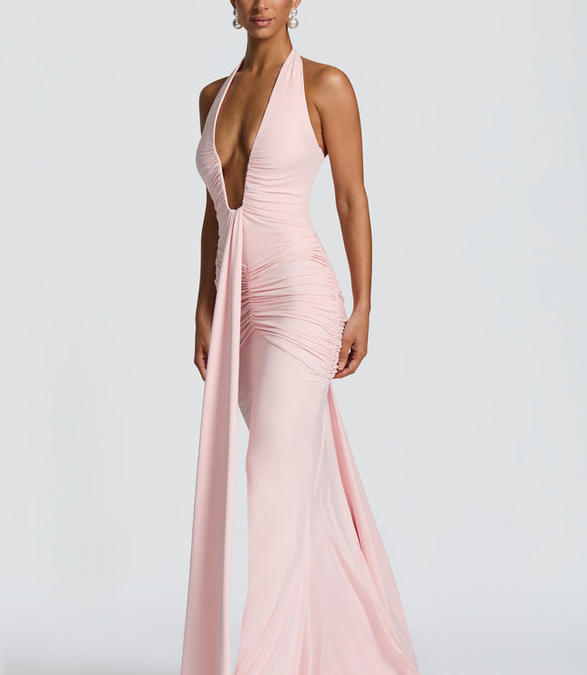 Women's Blush Ruched Plunge Neck Sleeveless Maxi Dress