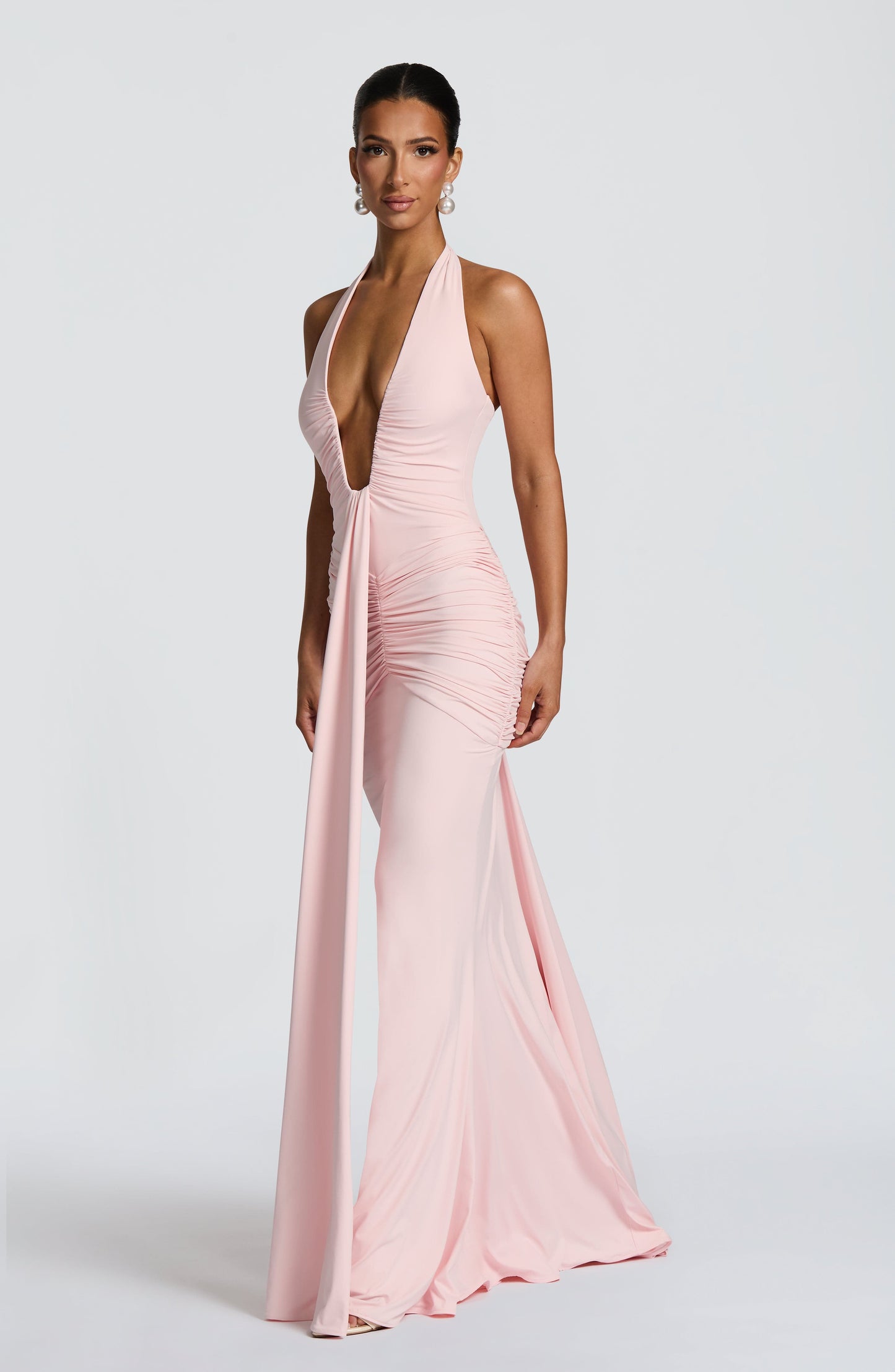 Women's Blush Ruched Plunge Neck Sleeveless Maxi Dress