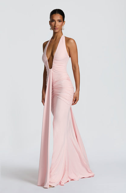 Women's Blush Ruched Plunge Neck Sleeveless Maxi Dress