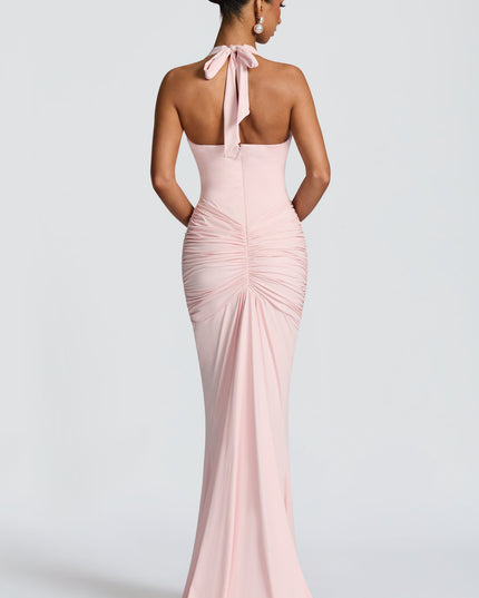 Women's Blush Ruched Plunge Neck Sleeveless Maxi Dress
